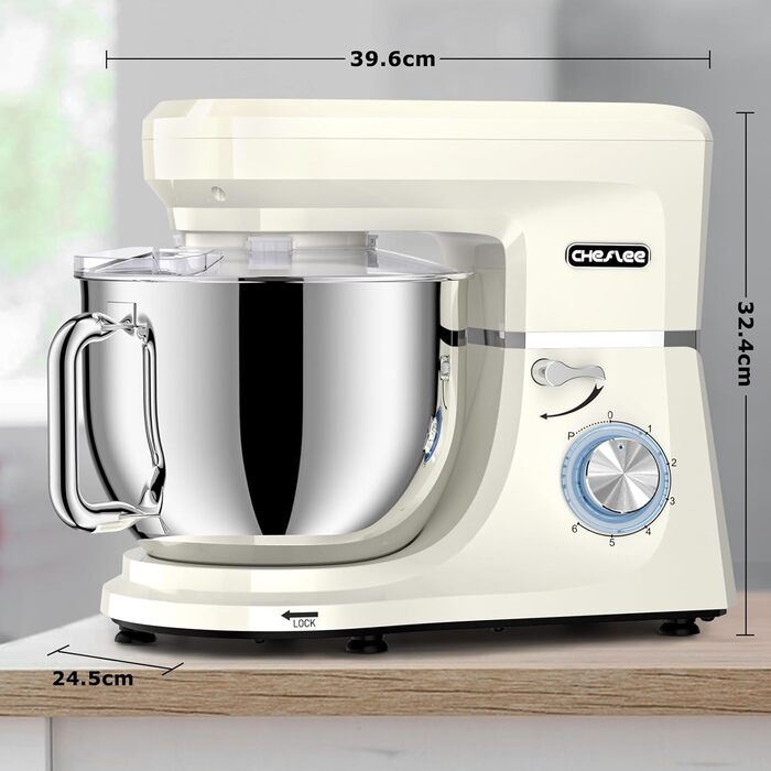Кухонна машина Cheflee 2000W: потужна планетарна міксер для тіста та збивання, 6 швидкостей, 7.2 л чаша з нержавіючої сталі, гак для тіста та вінчик, захист від бризок (Cream White)