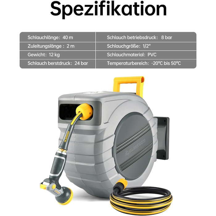Шланговий барабан GLAHODEN з шлангом для саду 40 м + 2 м, стійкий до сонця та морозу, поворотний на 180°, настінна шланговий бокс з 9-функціональною розпилювальною насадкою 40 м