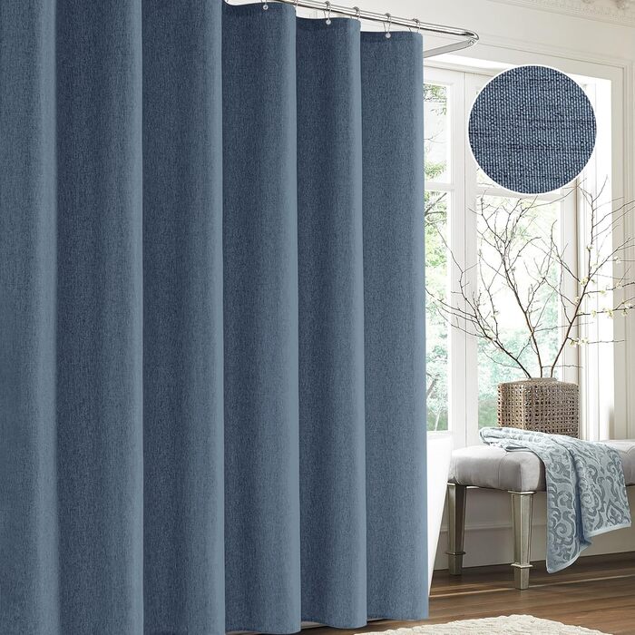 Штора для душу з льону з металевими кільцями, 182x182 см, Marineblau (темно-синій)