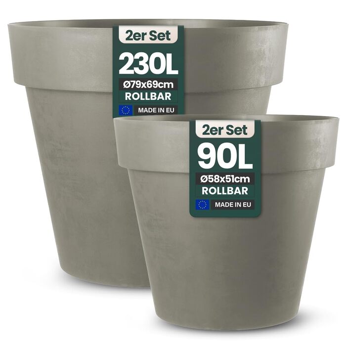 Крехер XXL круглий горщик для рослин / горщик для квітів, діаметром 79 см / 58 см, з роликами! Чудовий елемент декору для саду, тераси, ресторанів та комерційних приміщень! (XL-Ø58см) (XL (Ø58см) + XXL (Ø79см) комплект, Коричневий)