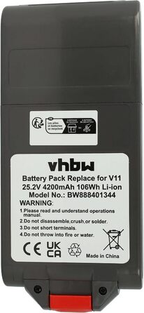 Акумулятор vhbw для Dyson V11 Absolute Extra/Absolute (4200 мАгод, 25,2 В, Li-Ion, темно-сірий)