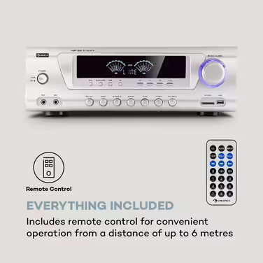 Auna AMP 3800 BT 5.0 - HiFi підсилювач 2x120 Вт + 3x50 Вт, Bluetooth, USB, SD, 2 мікрофонних входи, DVD-стерео, лінійний вихід, сріблястий