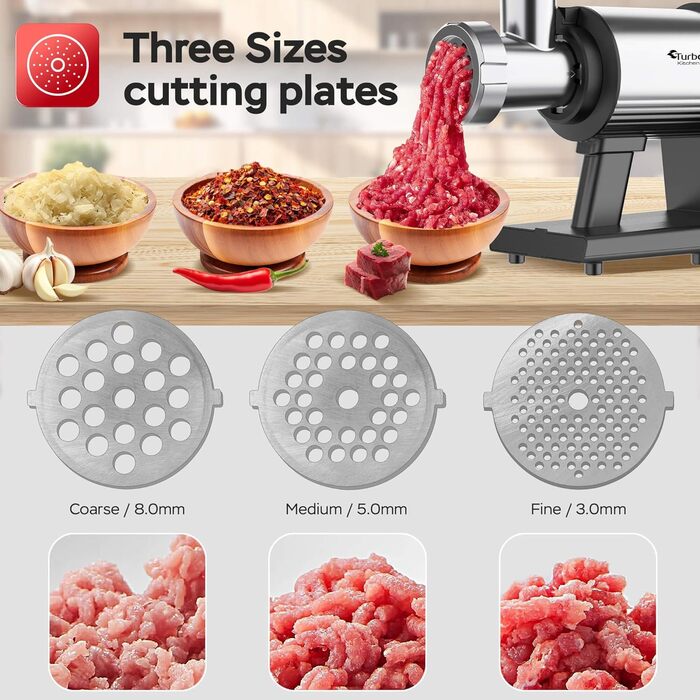 Електрична м'ясоподрібнювач TurboTronic Samurai 2600W з набором аксесуарів: для ковбас, печива, кеббе та подрібнення овочів. Корпус з нержавіючої сталі, металеве редукторне зчеплення.