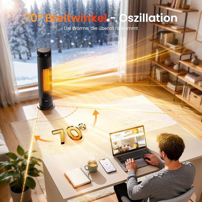 Електричний обігрівач 1500W з PTC-керамічним нагрівачем, портативний з термостатом та ECO-режимом, 4 режими, цифровий дисплей, таймер 12 годин, тихий (35dB), чорний (60см)