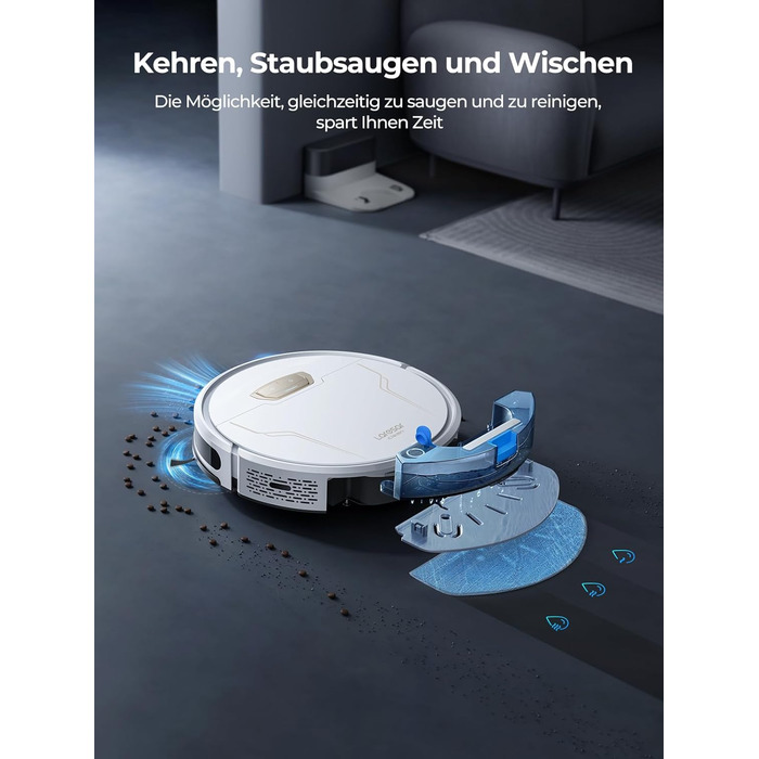Робот-пилосос Laresar Clean з функцією миття, 4000Pa, 150 хв роботи, керування через додаток, для твердих підлог, килимів та шерсті тварин (білий)