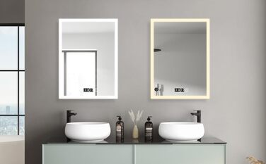 Дзеркало для ванної кімнати з підсвічуванням та годинником 50x70 см. LED дзеркало з сенсорним керуванням, 3 кольори світла, регулювання яскравості, 2470LM, стиль JB