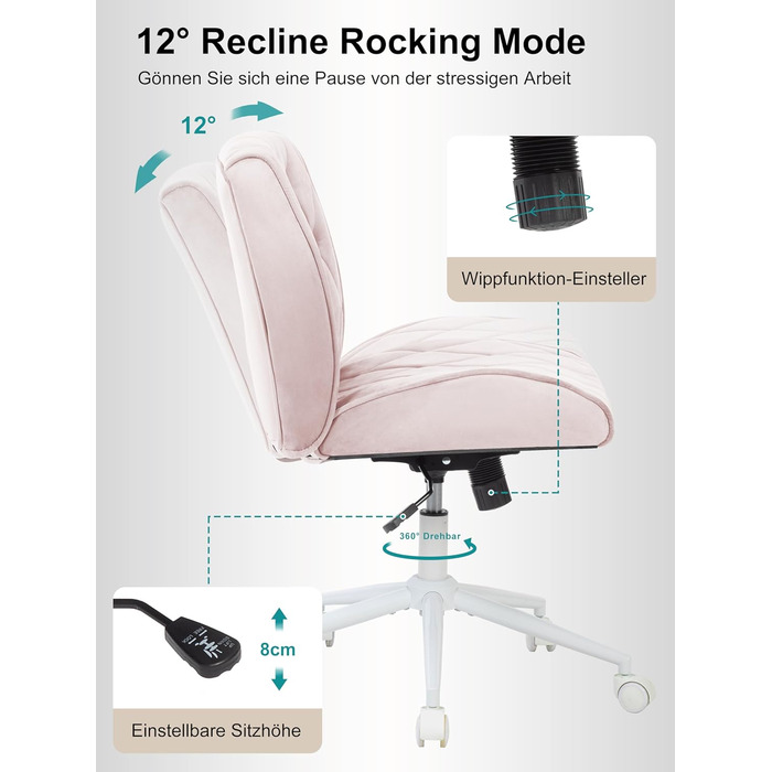 Крісло для дому та офісу Symino з функцією гойдання, крісло для макіяжу та письма, обшите штучною замшею, регульоване по висоті, 360° обертання, ергономічне, до 150 кг, велике, рожеві кнопки