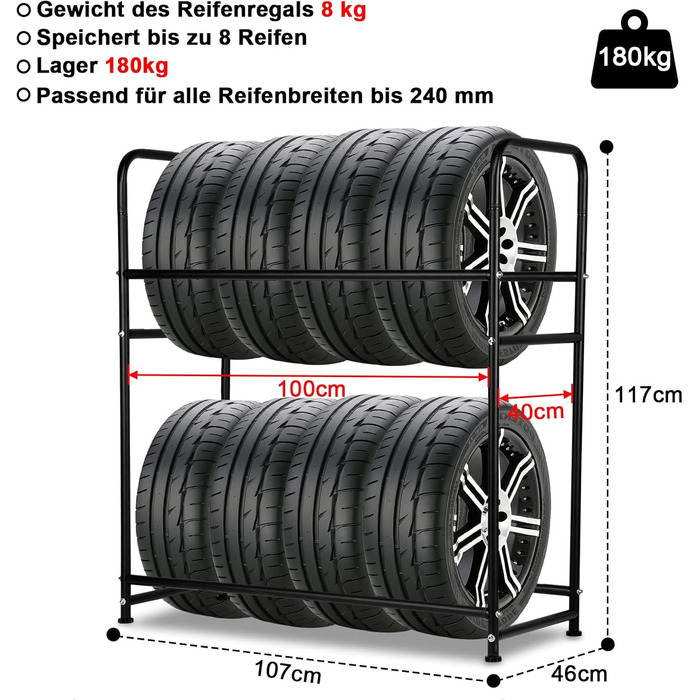 Стеляж для шин 107 x 46 x 117 см: міцна конструкція на 8 шин, регулювання висоти, вантажопідйомність 180 кг, з захисними чохлами, для гаража, підвалу, майстерні