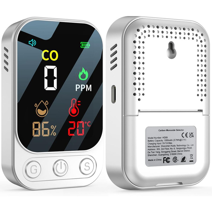Детектор CO YEREADW 3-в-1: портативний детектор вуглекислого газу з індикатором температури та вологості, для дому, кемпінгу, 1 шт.