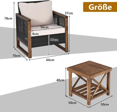 Набір садово-розкладних меблів GIANTEX з ротангу (3 шт.), садова група для балкону на 2 особи, Lounge Set з 2 кріслами та дерев'яним столом, коричневий, з подушками