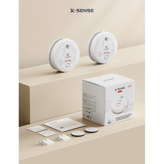 Датчик диму X-Sense з батареєю на 10 років та магнітним кріпленням, 10 шт. (2 шт. з магнітним кріпленням), сертифікований TÜV Rheinland, з функцією вимкнення звуку та самотестування, білий
