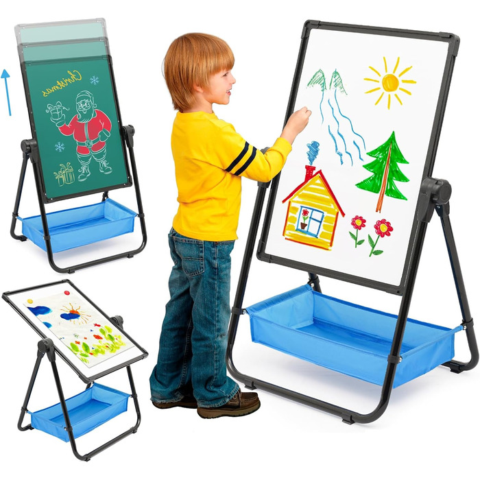 Дитяча мольберт Kinder Staffelei: двостороння дошка для малювання з крейдою та білою дошкою, регульована висота, з аксесуарами, чорний