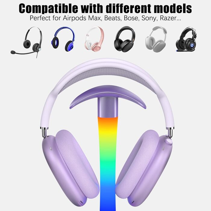 Підставка для навушників з бездротовим зарядним пристроєм, RGB-підсвічуванням, сумісна з Airpod Max, Airpod Pro/3/2, iPhone 16/15/14/13/12/11, Samsung, подарунок для геймерів (фіолетовий)