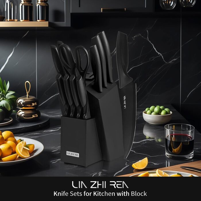 Набір ножів LIN ZHI REN 13 предметів з бруском, чорний. Кухонний набір ножів, ергономічні ручки, миється в посудомийній машині