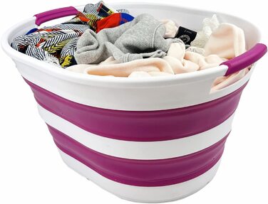 Складна Пластикова корзина для білизни SAMMART об'ємом 23 л, овальна ванна / кошик-складаний контейнер для зберігання / органайзер-переносна раковина для прання-компактна корзина для білизни (1, Білий / Фіолетовий)