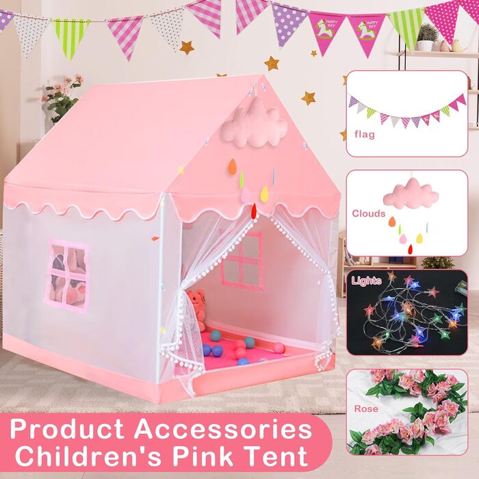 Дитячий намет-ліжко з ліхтариками та прапорцями, рожевий. Ідеально для гри вдома, для хлопчиків та дівчаток. Розміри: 47x40x51 см