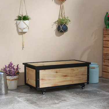 Outsunny Garden Box Дерев'яна коробка для подушок 121 л з колесами, погодозахищена коробка для зберігання для балкона, патіо, природи