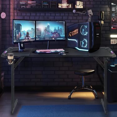 Ігровий стіл 120x60 см з LED Z-подрофкою, карбоновим покриттям, тримачем для напоїв та гачком для навушників. Стабільний та ергономічний стіл для геймерів та офісу.