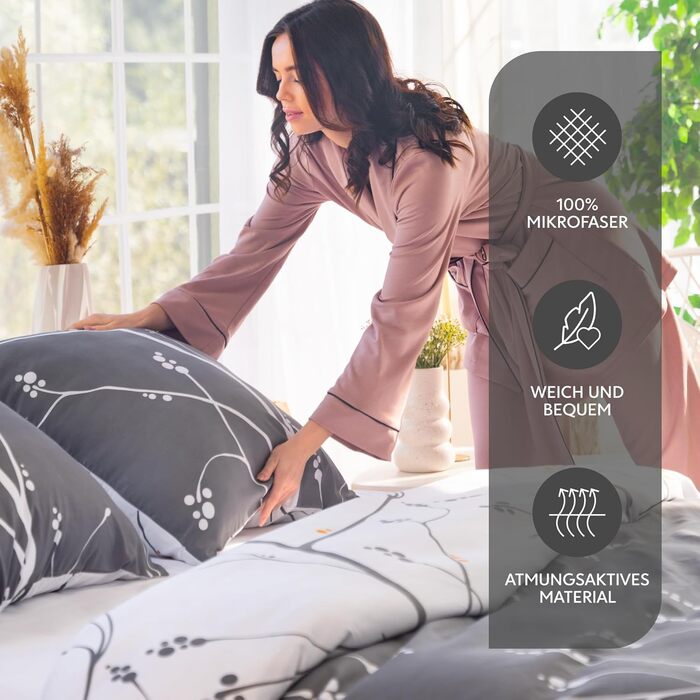 Комплект постільної білизни Dreamzie 200x200 см з 2 наволочками 80x80 см, сірий малюнок гілок - постільна білизна для дорослих 200x200 з 100% мікрофібри, сертифікат Oeko TEX без хімікатів