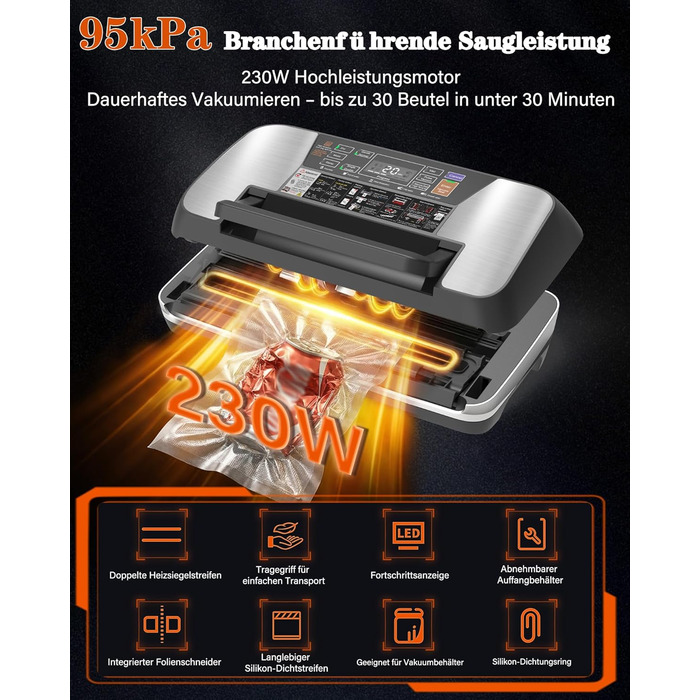 Вакууматор для продуктів 12-в-1 (95 kPa) з подвійним швом, системою Easy-Lock та вбудованим різаком, сріблястий