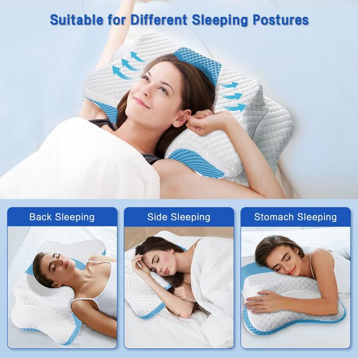 Ортопедична подушка для шиї з Memory Foam, регульована, ергономічна, для комфортного сну, без запаху, блакитна
