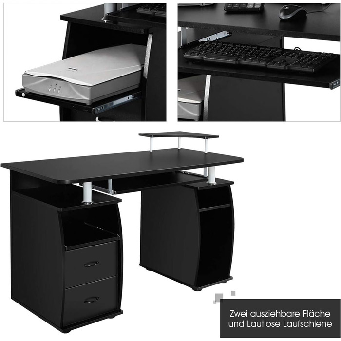 Комп'ютерний стіл COSTWAY з висувними ящиками, слайд для клавіатури, лоток для принтера та підставка для процесора, стіл із зберіганням, офісний стіл, робочий стіл, стіл для ПК для офісу, дому, 120 x 55 x 76 см (чорний)