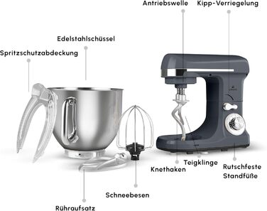 Кухонна машина Karaca Blendburst 1400W з 6 швидкостями, 5.7л чаша з нержавіючої сталі, подвійний гак для тіста, міксер, насадки для збивання та замішування, сірий колір