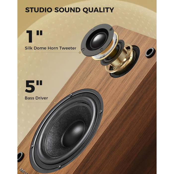 Активні полочні колонки 36W RMS, бездротові Bluetooth 5.4 динаміки для ПК з 5-дюймовим вуфером, USB-цифровим аудіо, регулюванням басів та високих частот, студійні монітори з RCA для вінілового програвача та ТВ, дерево