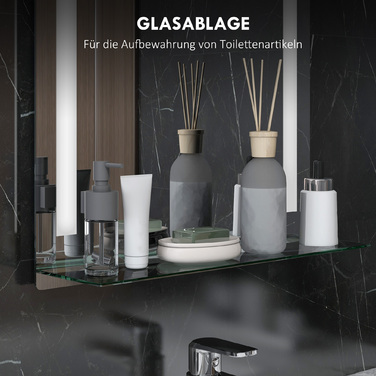 Дзеркало для ванної кімнати з LED-підсвіткою, елегантне та високоякісне. Виготовлене зі скла, алюмінію та пластику. Розміри: 50 см (Ш) x 12 см (Г) x 70 см (В).