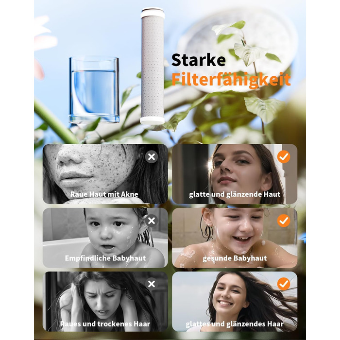 Фільтр для душу Cobbe зі шлангом, ручна лійка з 3 вугільними фільтрами, душова лійка з 6 режимами, високонапірний економний душ з фільтром від накипу для жорсткої води, видаляє 99% хлору, хром