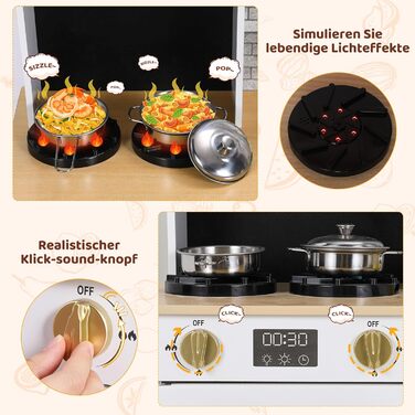 Дерев'яна дитяча кухня MAMIZO з підсвіткою та звуком, 90x30x90 см, з аксесуарами та 2 ящиками для зберігання, іграшка для дітей від 3 років, білий колір