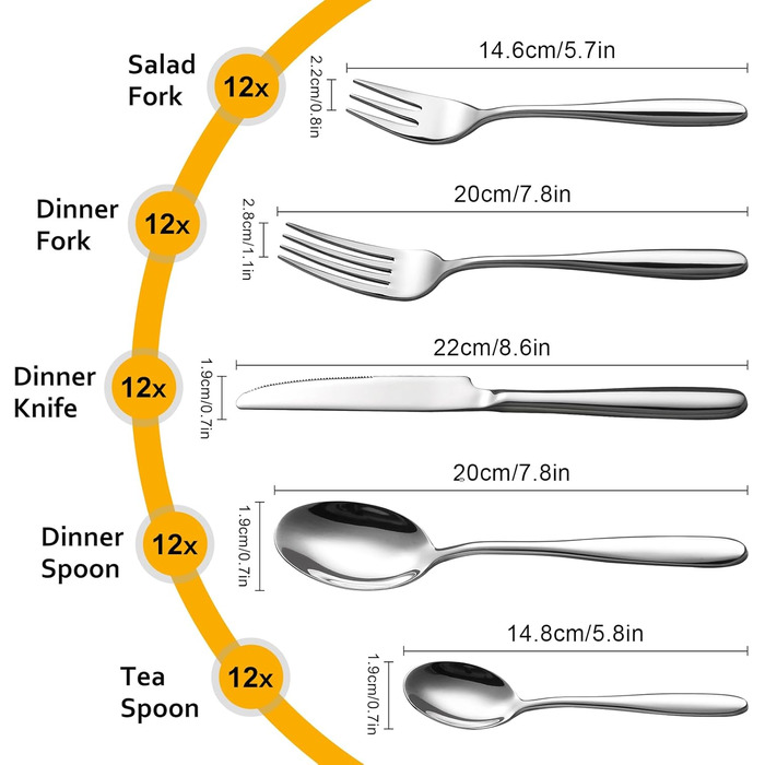 Набір столових приборів Velaze на 12 осіб (60 предметів) з нержавіючої сталі, столовий набір з 12 ножів, виделок, десертних виделок, ложок та чайних ложок, полірований, придатний для миття в посудомийній машині