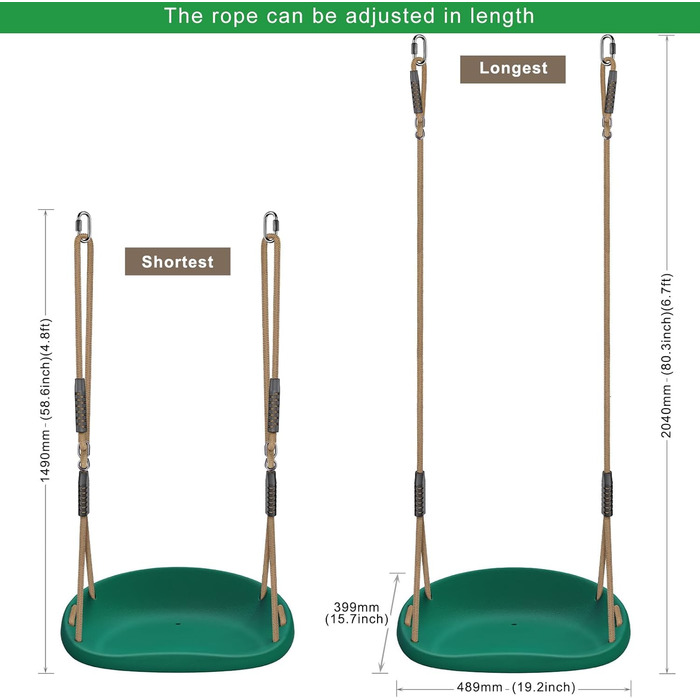 Шоукель для дітей BeneLabel: ідеально для дому та саду. Міцний гумовий сидіння, регульоване мотузка 130-200см, 113кг. Набір 2 шт. Зелений колір.