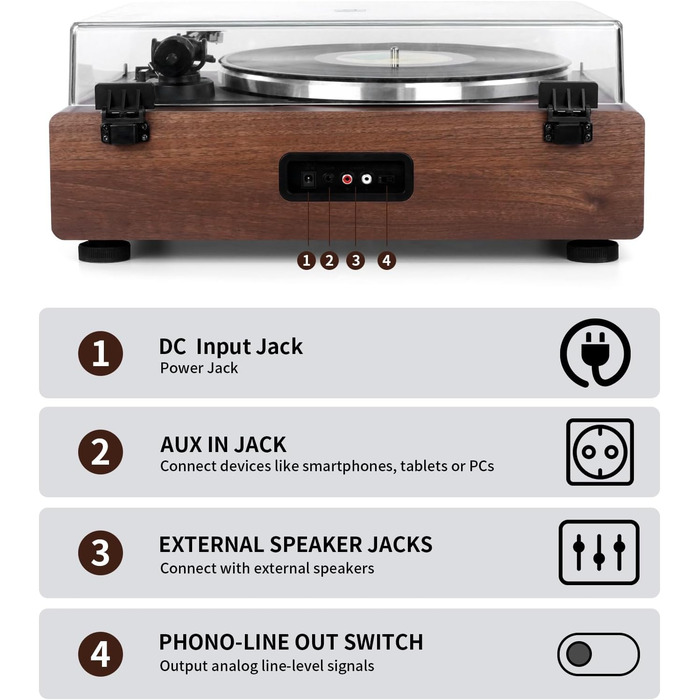 Bluetooth програвач вінілу з вбудованим динаміком, HiFi вініловий програвач з пасовим приводом, магнітною головкою AT-3600L, AUX (RCA), 2 швидкості
