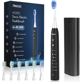 Електрична зубна щітка Sonic з 6 режимами, 3 інтенсивностями, 40000 вібрацій/хв, IPX7, акумулятор 90 днів, таймер, для подорожей, чорна