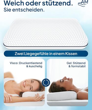 Преміум-матрац з підтримкою шиї AM, регульована висота, ефект охолодження, чохол з Tencel, Made in Germany, сертифікат Oeko-TEX, з гелевим та віскоеластичним шарами, білий