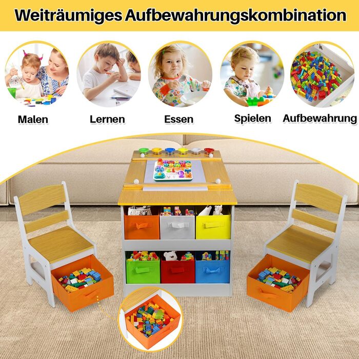 Дитячий стіл Kinder-Kunsttisch Set з 2 стільцями - дерев'яний набір для творчості для малюків з регульованою стільницею, відрами для пігментів та 8 тканинними ящиками для зберігання (Натуральний)