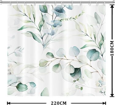 Шторка для душу 180x220 см, антигрибкова, з тропічним дизайном (зелені пальмові листя, евкаліпт, гриби), водонепроникна, з поліестеру, придатна для прання, для ванної кімнати, з 12 гачками