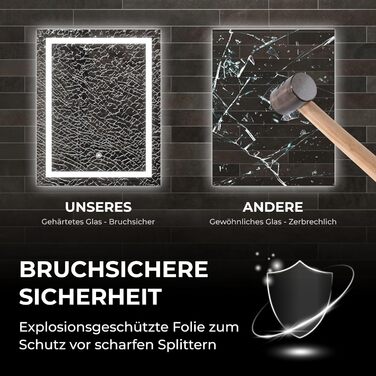 Дзеркало для ванної кімнати BR Bringer LED з підсвічуванням, 60x80 см, антизапарник, диммування, 3 кольори світла, сенсорне управління, функція пам'яті (BRS102)