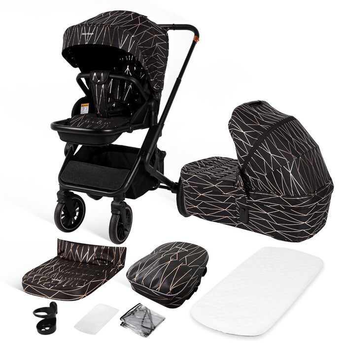 Дитяча коляска 2-в-1 BabyVoyage з люлькою та прогулянковим блоком, поворотні колеса 360°, амортизація, регульована ручка, складана, аксесуари, колір зелений (чорний-золотий)