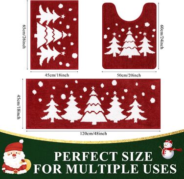 Набір килимків для ванної кімнати на Новий Рік: 3 шт. (червоний, з малюнком ялинки) - 45x65 см, 45x120 см, 50x60 см, нековзкі, водопоглинаючі, для туалету та душу