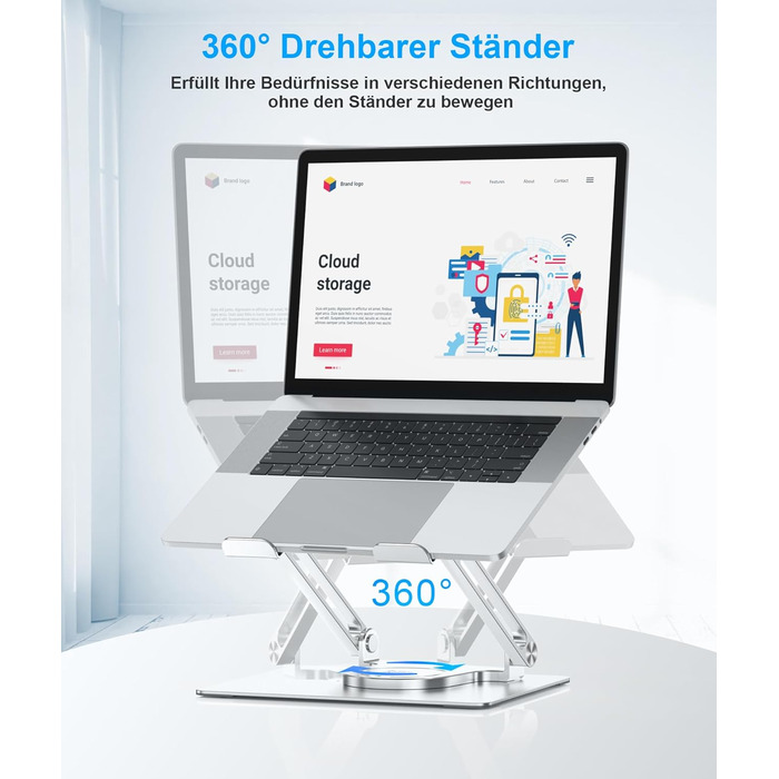 Підставка для ноутбука BoYata настільна, регульована, з поворотним основанням 360°, ергономічна, складана, сумісна з MacBook Pro/Air, до 17 дюймів - срібна