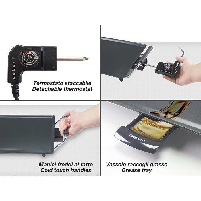 Електрогриль BEPER 90.871 з кришкою зі скла, антипригарна поверхня, нержавіюча сталь, чорний (1800 Вт)