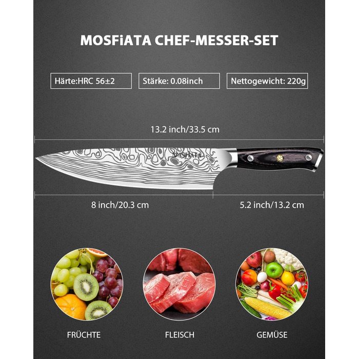 Ніж кухарський MOSFiATA 20 см з нержавіючої сталі EN.4116, професійний, з захистом пальців та точилкою в подарунковій коробці