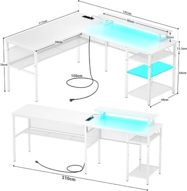 L-подібний ігровий стіл, 141x117x76 см, комп'ютерний стіл з полицею, офісний стіл з поворотним кутом для навчання, ігор, home office (білий)
