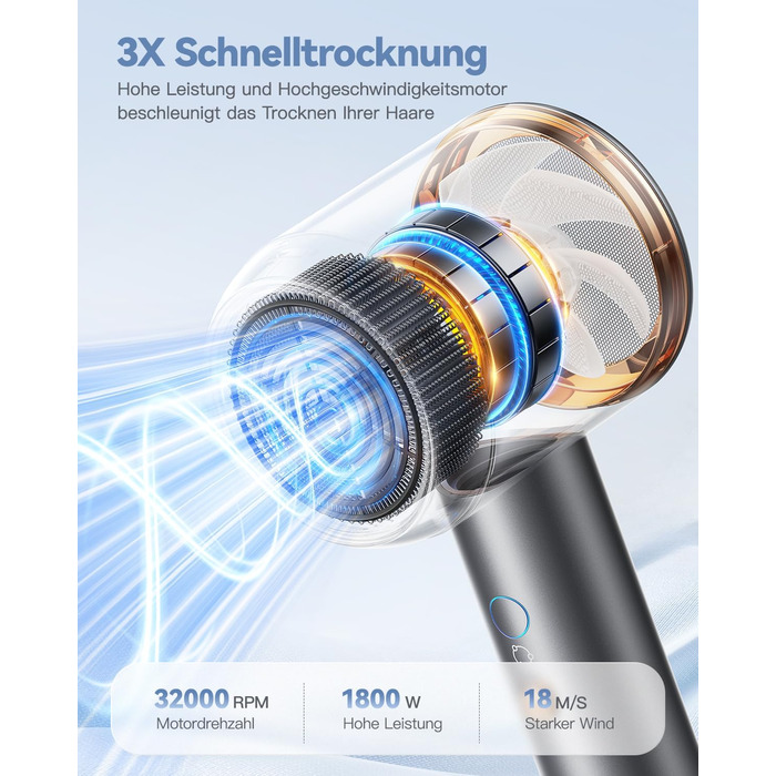 Іонний фен для волосся DEWILY з дифузором 1800 Вт, 3 температурних режими, компактний дорожній сунич для кучерявого волосся (сіро-чорний)