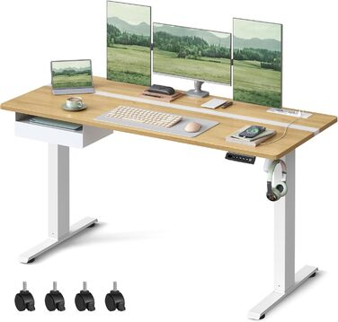 Електричний регульований стіл VASAGLE з пам'яттю висоти, з розетками та ящиком для зберігання, хмаринно-білий + золотий дуб, LSD112W01