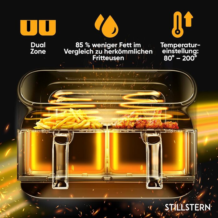 Подвійна аерофритюрниця Stillstern 1-8 перс. 2x4 8 л, 200 C/дюйм 3 хв, функція струшування розроблена STILLSTERN, Same-End, 120 рецептів НІМЕЦЬКА, 8 програм, зневоднення, розморожування та підігрівання, фритюрниця чорна