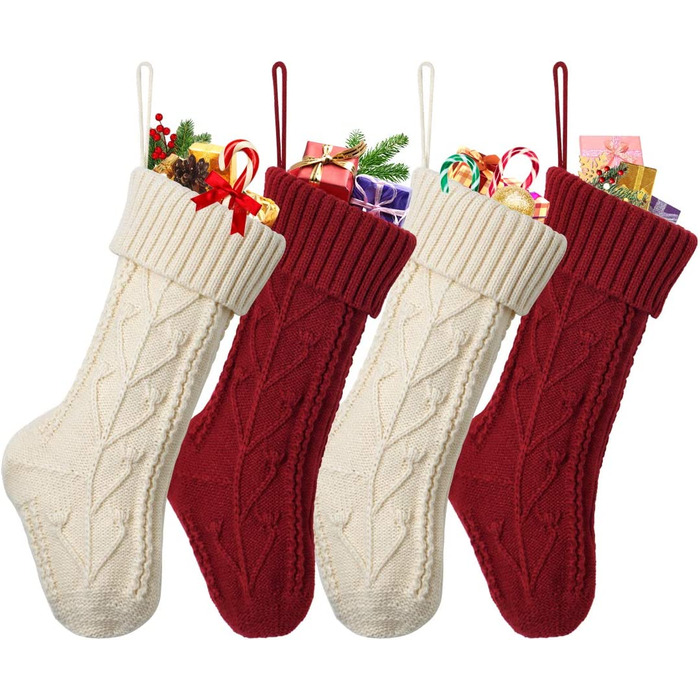 Трикотажні різдвяні панчохи Dremisland комплект з 4 частин, класичні персоналізовані різдвяні шкарпетки висотою 38 см, підвісні панчохи для сімейного відпочинку, прикраса для різдвяної вечірки (кремовий і бордовий)
