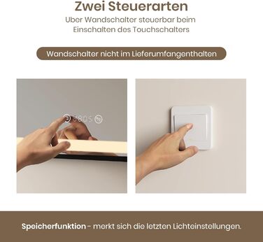 Дзеркало для ванної кімнати EMKE з підсвіткою 70x50 см, чорне, з сенсорним керуванням, регулюванням яскравості, протитуманним покриттям, годинником, функцією пам'яті та нейтральним світлом 4300K, енергозберігаюче, вологостійке (IP44)